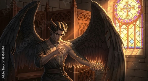 Mysterious Winged Figure Meditating in a Sacred Sanctuary Bathed in Stained Glass Light