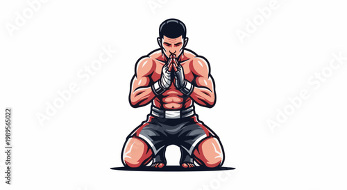 Muscular fighter kneeling with hands clasped in prayer, white background