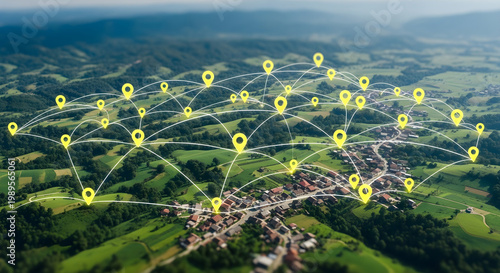 Aerial view of a rural village connected by a digital network of location pins and lines