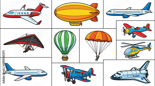 Air Transportation Cartoon Set with Airplane, Helicopter, Blimp, Parachute, Hot Air Balloon and Hang Glider for Aviation Illustration and Travel Design
