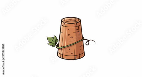 A cartoon-style cork with a vine and leaf wraps around it