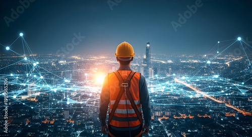 Construction worker looking over a smart city at night with digital network connections overlaying the urban landscape