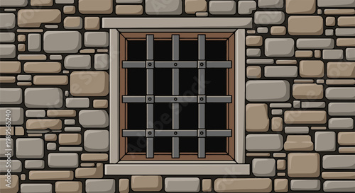 Old stone wall with a barred window looking into darkness