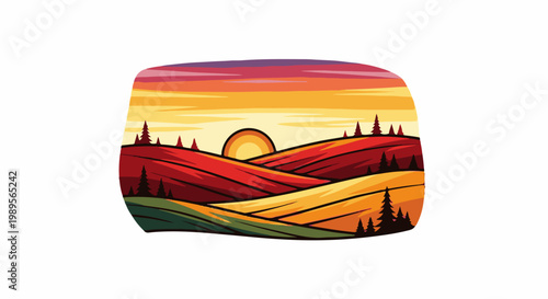 Vibrant rolling hills meet a fiery sunset with silhouetted evergreen trees