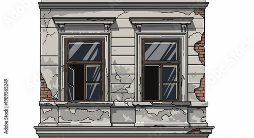 Distressed facade with two tall, damaged windows and crumbling plaster