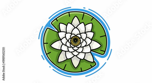 Stylized white water lily floating on a green lily pad with blue water ripples