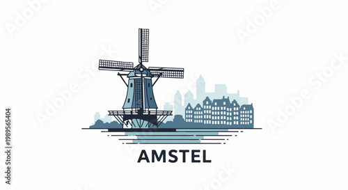 Stylized illustration of a windmill with city skyline reflected in water