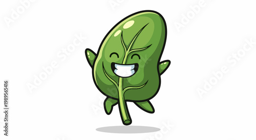A cartoon spinach leaf character joyfully jumps with wide smile and open arms