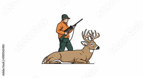 Hunter with rifle beside resting antlered deer