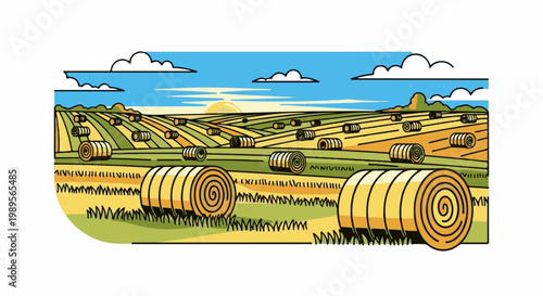Rolling fields dotted with round hay bales under a bright, partly cloudy sky