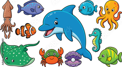 Cute Ocean Animal Cartoon Set with Dolphin, Fish, Octopus, Crab, Stingray and Seahorse Characters for Kids Marine Life Illustration and Underwater Design