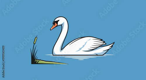 A white swan glides gracefully on calm, blue water near reeds