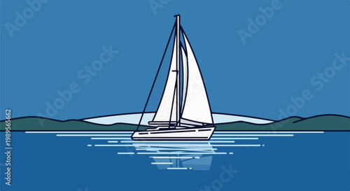 A white sailboat glides across calm blue water under a clear sky