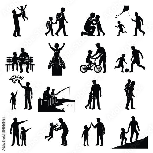 Father and Son Silhouettes Set - 16 Diverse Poses and Activities Vector Illustration Collection