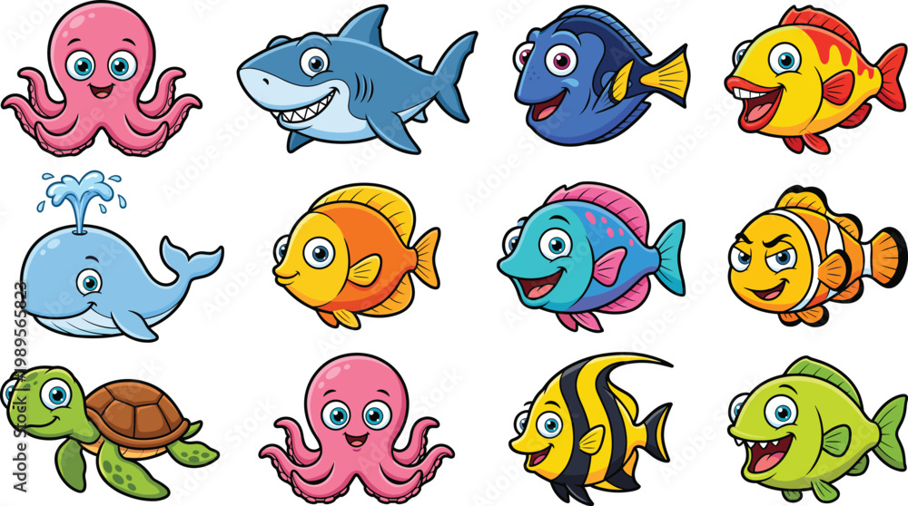 Fototapeta premium Cute Cartoon Sea Animals Set with Fish, Shark, Octopus, Turtle and Whale Characters for Kids Marine Life Illustration and Underwater Design