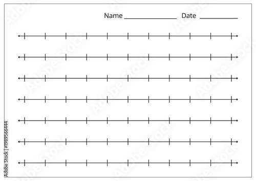 BLANK NUMBER LINE WORKSHEET WITH NAME AND DATE FIELDS. EDUCATIONAL MATH TEMPLATE FOR TEACHING COUNTING AND ARITHMETIC. PRINTABLE SCHOOL ACTIVITY SHEET. from 0 to 10