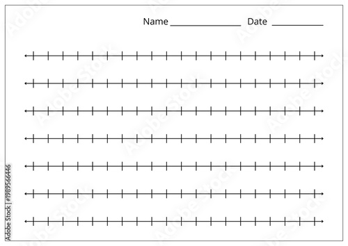 BLANK NUMBER LINE WORKSHEET WITH NAME AND DATE FIELDS. EDUCATIONAL MATH TEMPLATE FOR TEACHING COUNTING AND ARITHMETIC. PRINTABLE SCHOOL ACTIVITY SHEET. FROM 0 TO 20