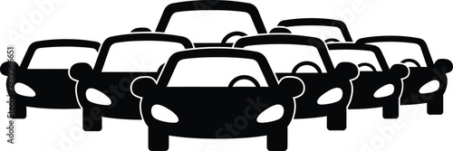 Black and white illustration of a traffic jam with multiple cars