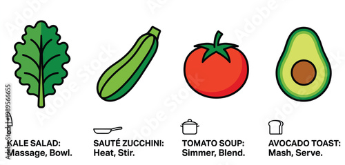 Healthy Vegan Recipe Icon Set Featuring Kale Salad, Sauté Zucchini, Tomato Soup, and Avocado Toast with Simple Cooking Instructions and Kitchen Tool Symbols