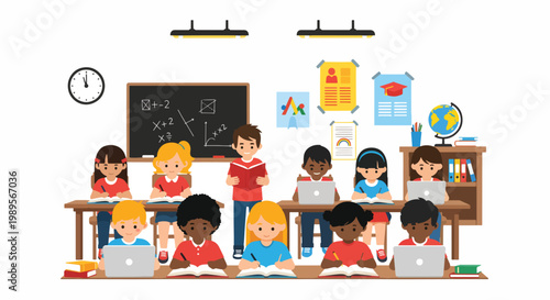 Diverse group of children sitting at desks with laptops in a classroom with educational posters and a blackboard in the background with a clean and organized mood.