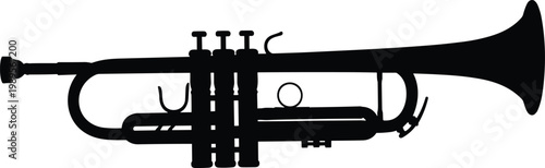 Silhouette of trumpet musical instrument, jazz classical marching band concept, minimalist black and white illustration, brass music artwork design