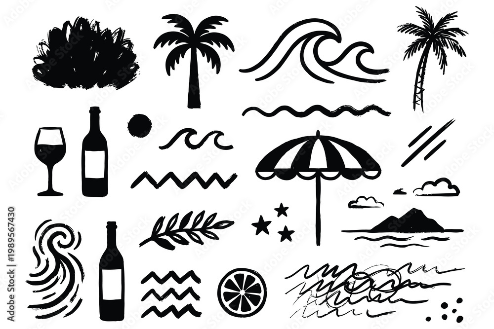 Obraz premium Tropical vacation icons set featuring beach umbrellas, palm trees, waves, wine bottles, and sun motifs in bold black and white line art style for branding and travel marketing materials