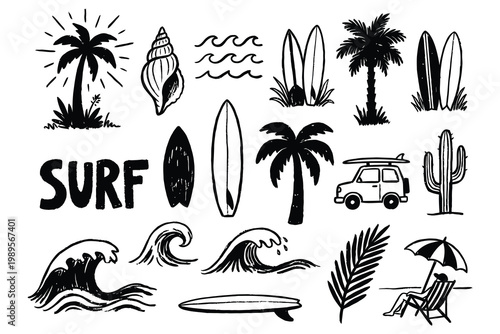 Fotografie Surf-themed black and white line art collection featuring iconic beach elements