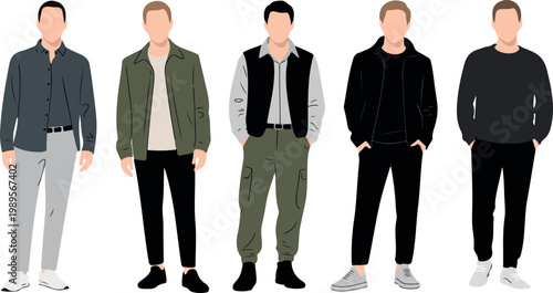 Group of fashionable young men wearing modern trendy outfits stylish casual summer clothing flat graphic vector illustration isolated on white background