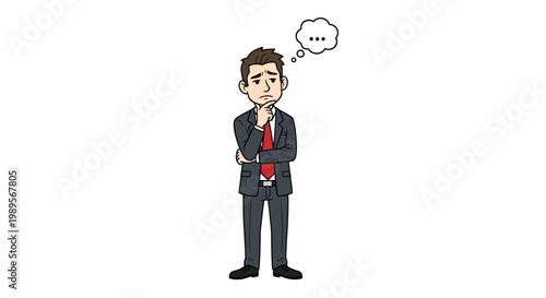 Thoughtful businessman in suit with thinking bubble above head.