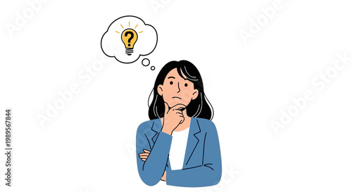 Woman thinking with a lightbulb idea symbol in thought bubble.