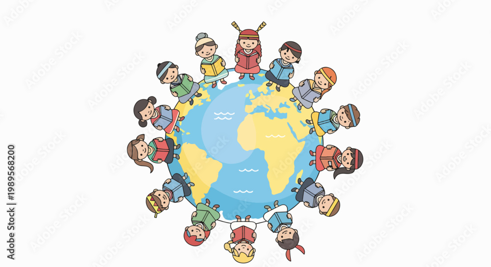 Naklejka premium Illustration of diverse cartoon children standing around a globe on a white background with a colorful and educational mood.