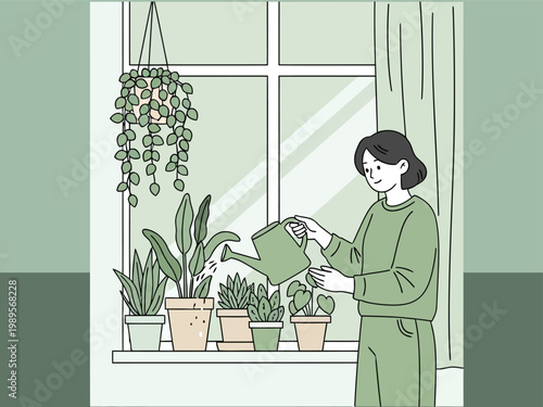 woman watering plants on windowsill