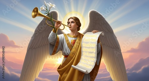 Glorious Angelic Messenger with Golden Trumpet and Sacred Scroll in Heavenly Glow