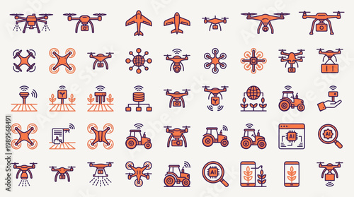 Collection of modern drone technology icons for agriculture, logistics, and aerial surveillance applications