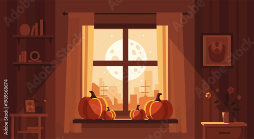 Cozy indoor scene with pumpkins on windowsill at night