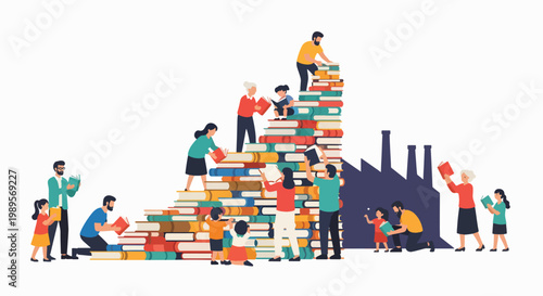 Illustration of diverse people stacking and reading colorful books in a playful pile against a city skyline background with a creative and educational mood.