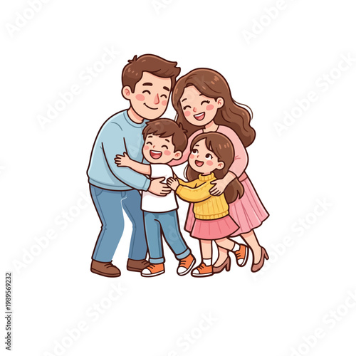 Cartoon family group hug illustration with two adults and two children in colorful outfits, warm affectionate vector design