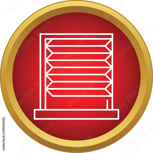 Window blind jalousie covering an opening in a red circle with a gold border