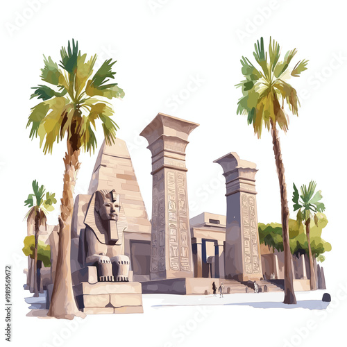 Luxor Temple. Luxor Temple hand drawn watercolor illustration on white background