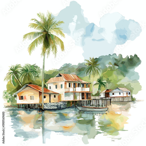 Malabo. Malabo hand drawn watercolor illustration on white background