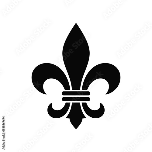 A solid black silhouette of the iconic Fleur-de-lis symbol against a white background.