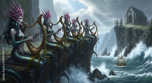 Mystical Sirens Serenade a Ship Amidst Tempestuous Waves and Perilous Rocky Shores