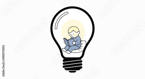 A cartoon man sits cross-legged inside a lightbulb with a thoughtful expression on a plain white background.