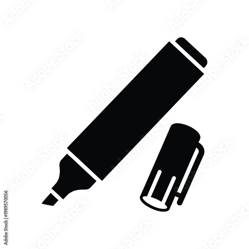 A black and white silhouette of a marker pen with its cap removed, placed next to the cap.
