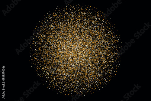 Abstract golden particles forming a spherical shape against a black background, creating a visually striking and dynamic composition with intricate details