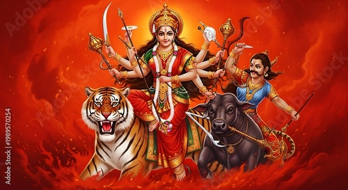 Majestic portrayal of Hindu Goddess Durga with companion, radiating divine power and triumph