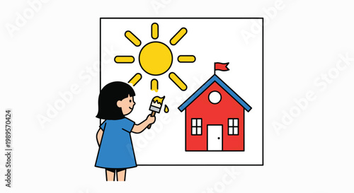 A young girl holding a paintbrush and painting a sunny school scene with a red building.
