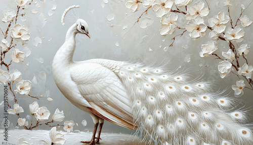 White peacock standing among blossoms against a soft background  