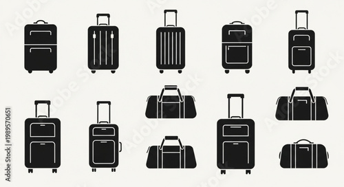 Collection of black travel luggage and bags on a white background.