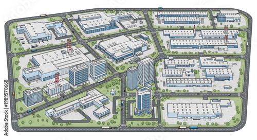Aerial view of a modern industrial park with many buildings and roads.